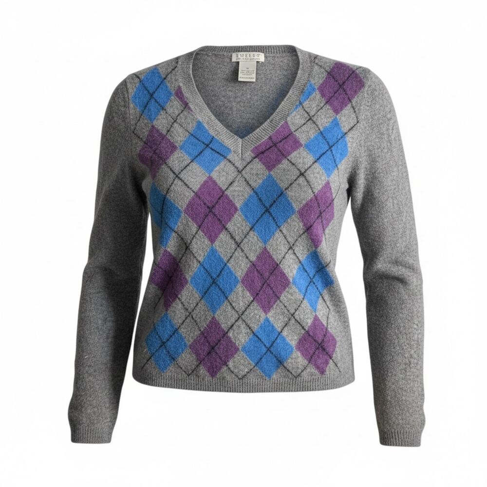 TWEEDS 2 ply quality cashmere argyle M V-neck sweater preppy old money academia